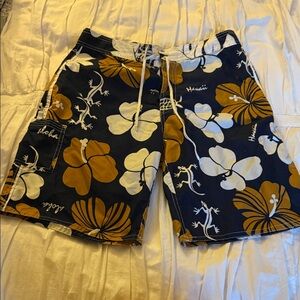 Floral Blue and Gold Hawaiian Beach Shorts